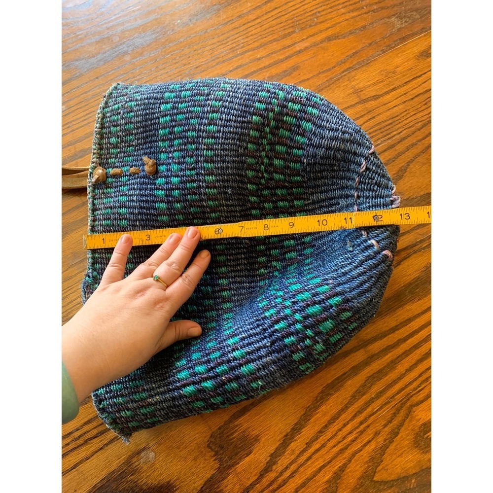 Handwoven Sisal Tote Bag Blue Teal Pattern Leather Straps - Picture 4 of 6